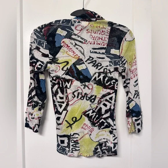 Bebe Vintage Y2K Multicolor Graffiti Mesh  Quarter Sleeve Too Button Up - Picture 5 of 6